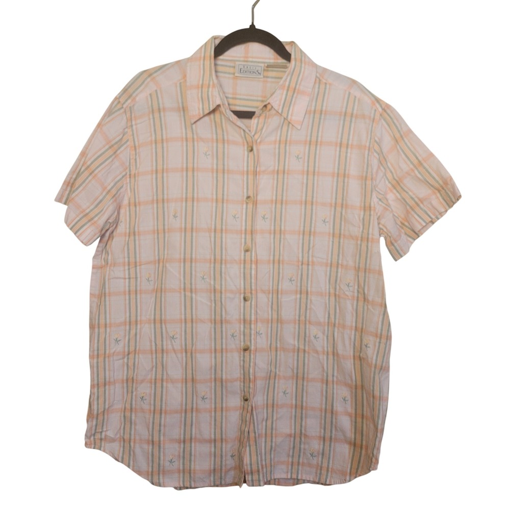 Basic Editions Womens Large Orange Green Plaid Floral Embroidered Cotton Shirt